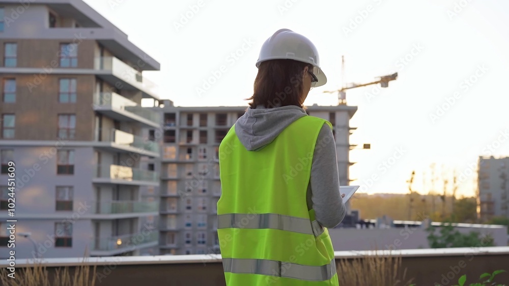 Female construction engineer is taking notes and writing on a clipboard while inspecting a construction site in the early morning at sunrise Female construction engineer is taking notes and writing on a clipboard while inspecting a construction site in the early morning at sunrise