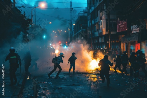 A group of riot police are running through a city street, surrounded by smoke, generative ai image