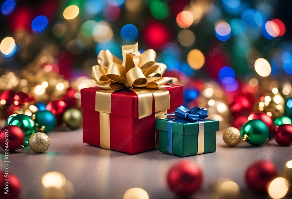 A gift boxes with a gold ribbon on a background of colorful bokeh A gift boxes with a gold ribbon on a background of colorful bokeh