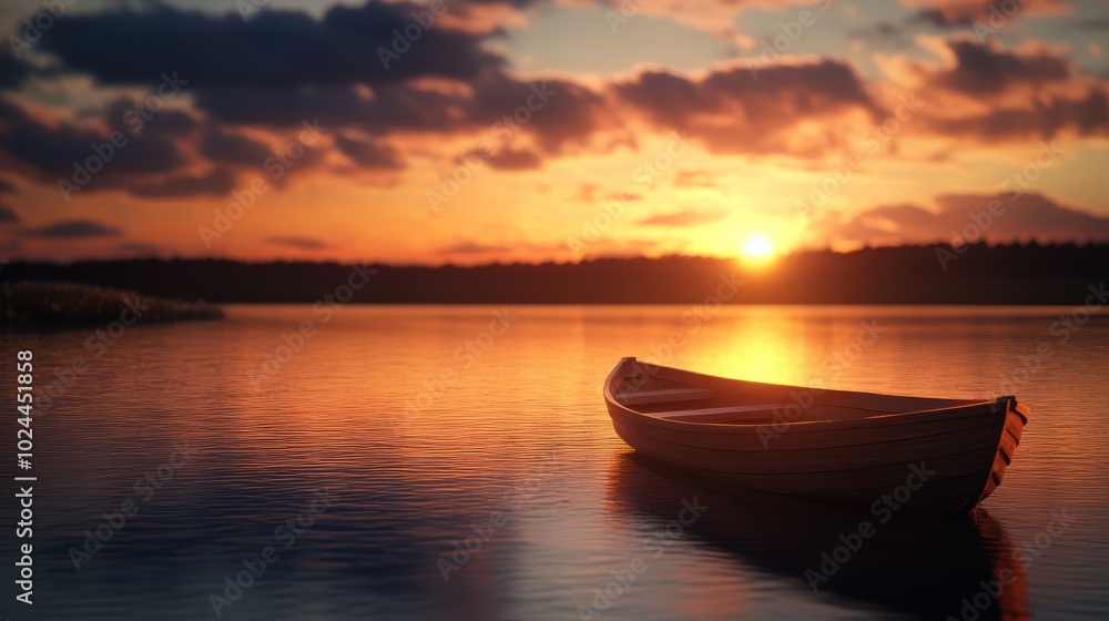 A serene sunset over a calm lake with a solitary boat floating gently. A serene sunset over a calm lake with a solitary boat floating gently.