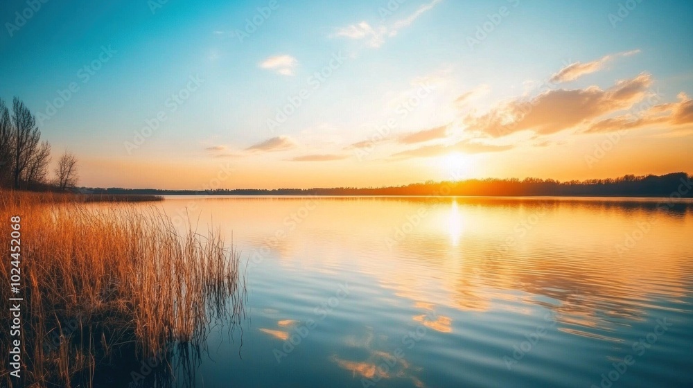 A serene sunset over a calm lake with golden light reflecting on A serene sunset over a calm lake with golden light reflecting on