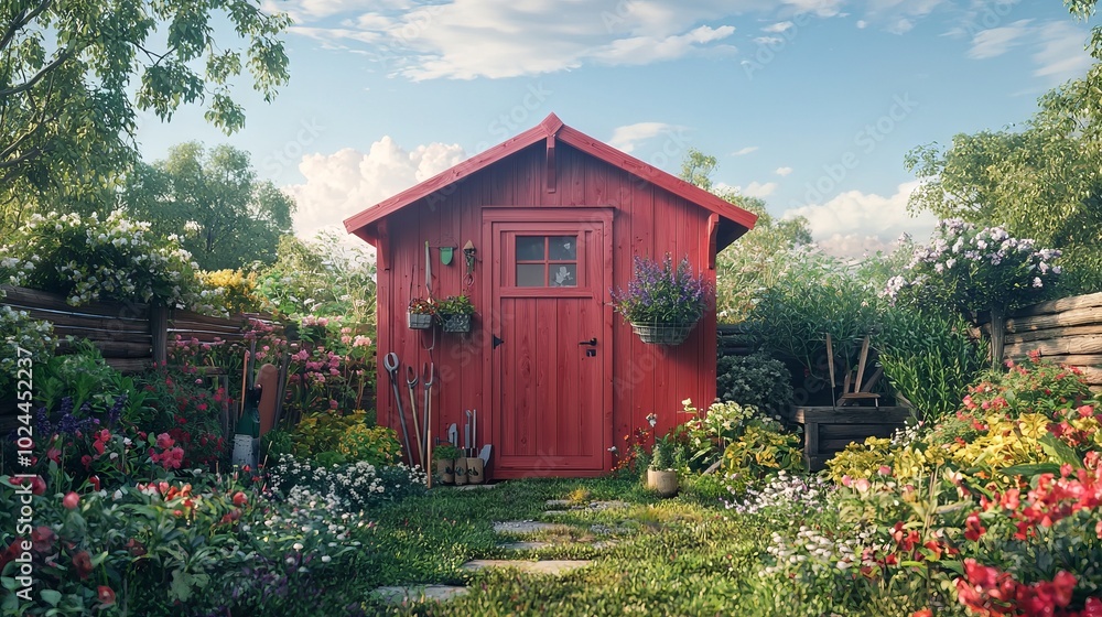 Red wooden garden shed surrounded by lush plants and colorful flowers Red wooden garden shed surrounded by lush plants and colorful flowers
