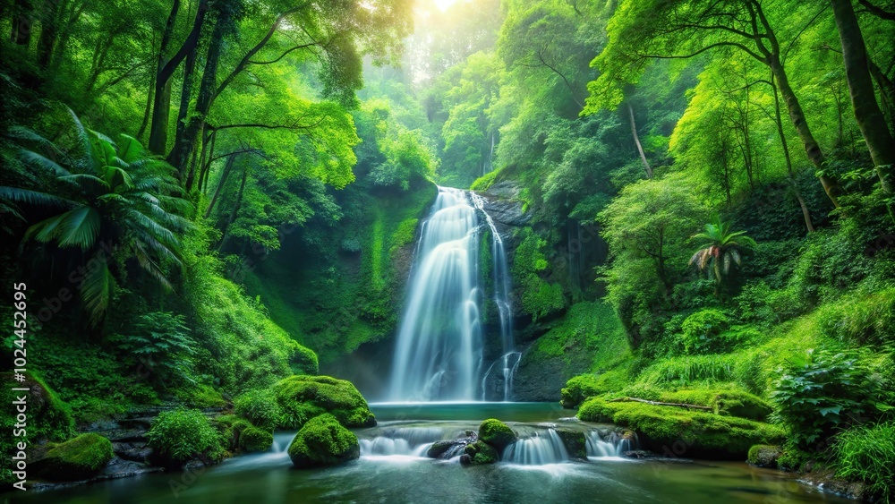 Lush green waterfall in forest with closeup tilted angle Lush green waterfall in forest with closeup tilted angle