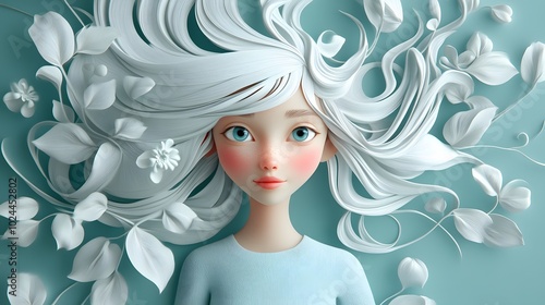 A 3D rendered illustration of a young woman with long white hair surrounded by white flowers and leaves on a blue background.