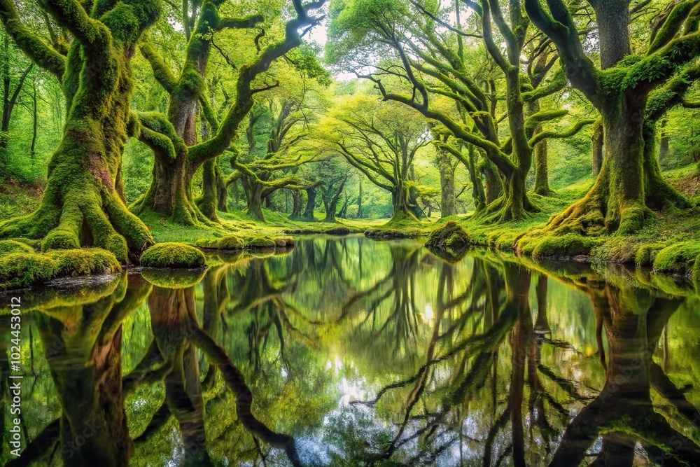 Fototapeta premium Lush mossy forest oil painting with gnarled trees reflected in water