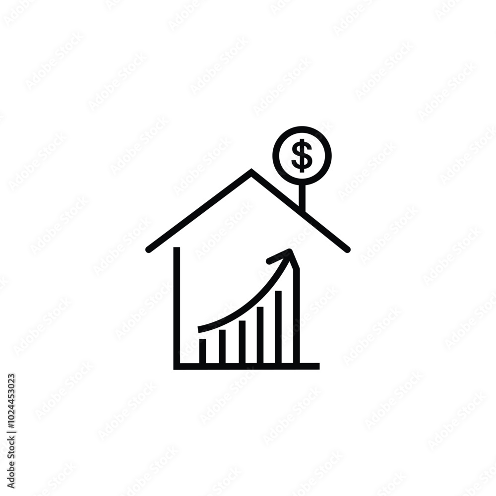 Hut shaped home with dollar and arrow upward showing house budget Hut shaped home with dollar and arrow upward showing house budget
