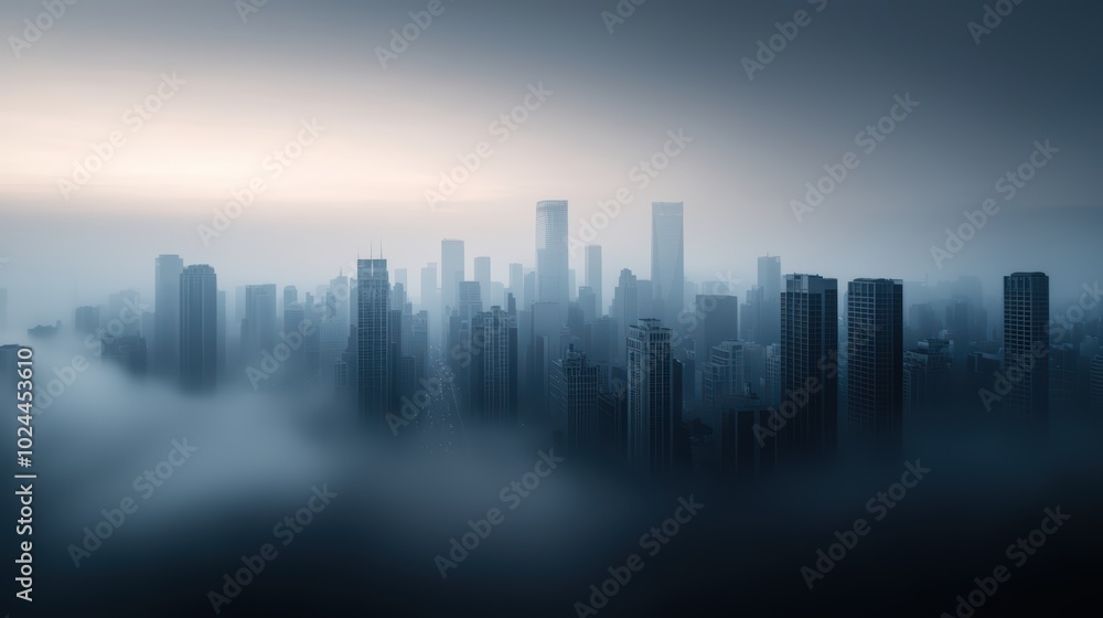 Misty skyline of a modern city at dawn Misty skyline of a modern city at dawn