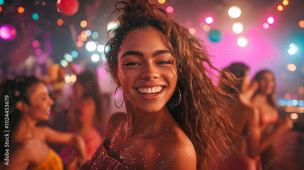 Woman dancing at vibrant party with colorful lights and energetic atmosphere, exuding happiness and celebration. Fun and lively nightlife scene for social events, friendship, and carefree moment Woman dancing at vibrant party with colorful lights and energetic atmosphere, exuding happiness and celebration. Fun and lively nightlife scene for social events, friendship, and carefree moment