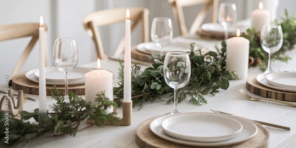 A close-up of a modern Scandinavian Christmas table setting featuring minimalist white candles, greenery, and natural wooden elements. A close-up of a modern Scandinavian Christmas table setting featuring minimalist white candles, greenery, and natural wooden elements.