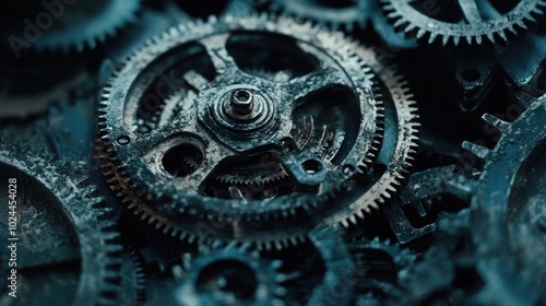 Close-up of a group of rusty gears interlocked together.