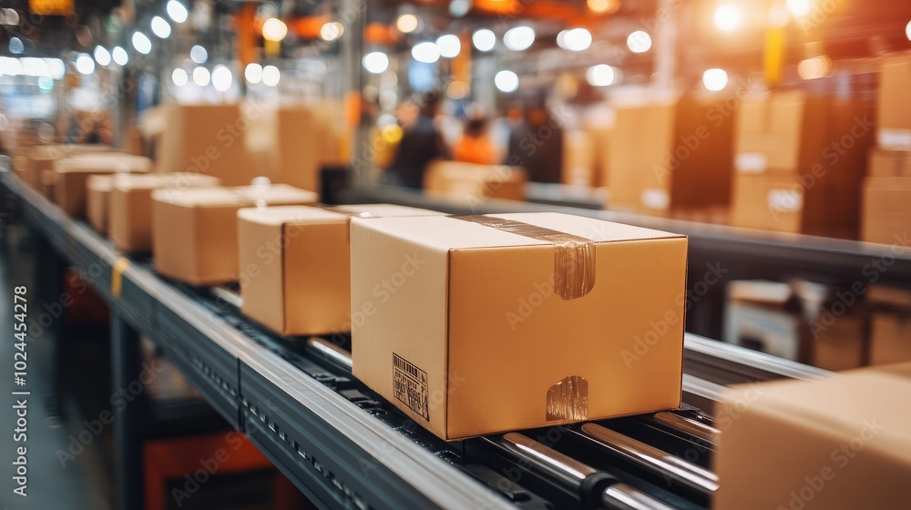 Boxes on Conveyor Belt in a Modern Warehouse Setting Boxes on Conveyor Belt in a Modern Warehouse Setting