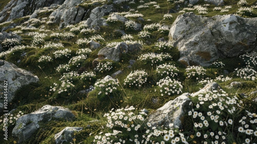 photorealism of A mountainside in the Netherlands is home to a large number of small white flowers. telephoto lens realistic daylight. photorealism of A mountainside in the Netherlands is home to a large number of small white flowers. telephoto lens realistic daylight.