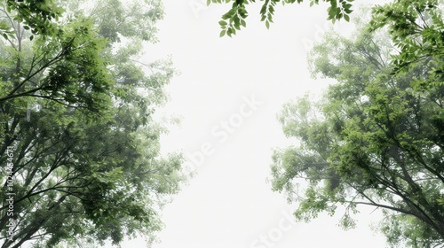Humid trees create a contrasting environment on a white background. telephoto lens realistic studio lighting.