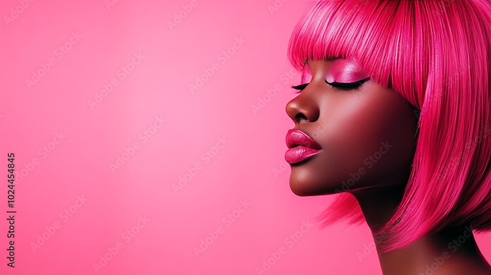 Pink-wigged beauty on pink backdrop Pink-wigged beauty on pink backdrop