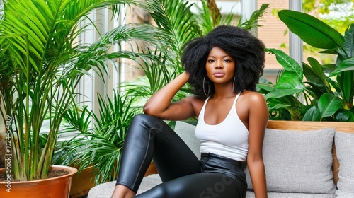 Confident woman lounging in stylish indoor space surrounded by lush plants, modern fashion and relaxed attitude for urban lifestyle and natural beauty. Bright and vibrant setting with greenery for fre photo