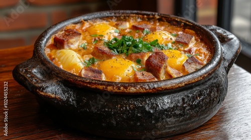 Un plato horneado de queso gratinado con patatas y carne en una olla de cerámica, con un fondo de luces tenues.