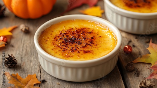 A close-up of a pumpkin creme brulee with its perfect caramelized top and smooth