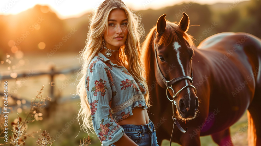 Fototapeta premium A woman standing next to a brown horse in a field
