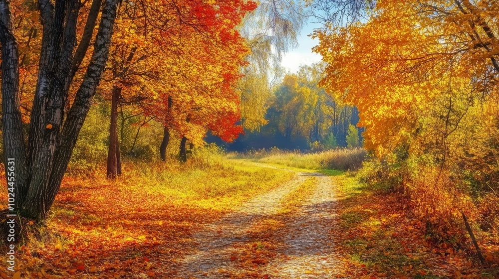 Naklejka premium Colorful autumn foliage under warm sunlight.