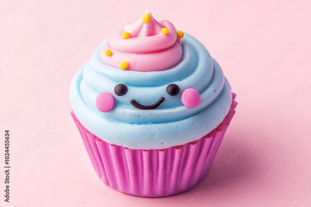 Pink and Blue Cupcake with a Smiley Face Pink and Blue Cupcake with a Smiley Face