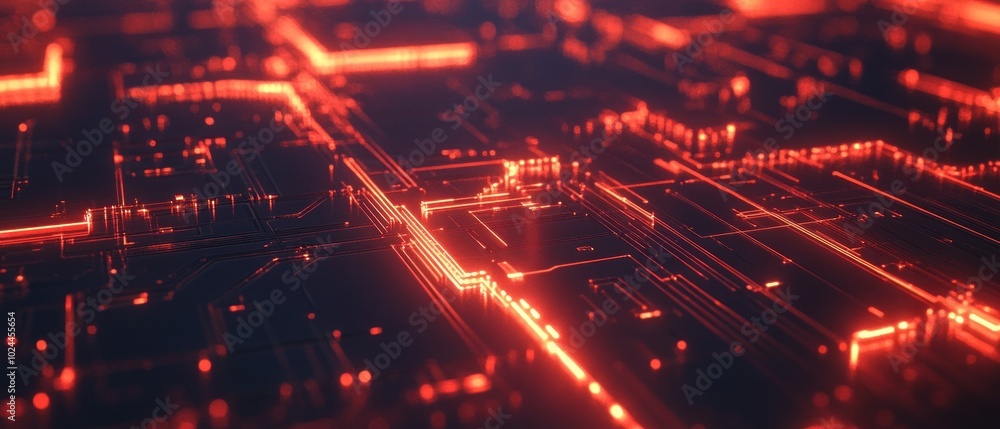 Fototapeta premium Abstract red glowing circuit board with digital lines.