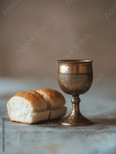 Ornate Chalice and Bread on a Table