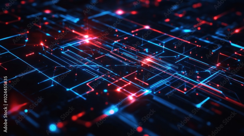 Abstract digital network with glowing red and blue lines on a data Abstract digital network with glowing red and blue lines on a data
