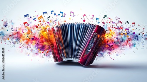 A captivating red accordion is entwined with musical notes in a vibrant burst, embodying musical harmony and artistry through a vivid and imaginative expression.