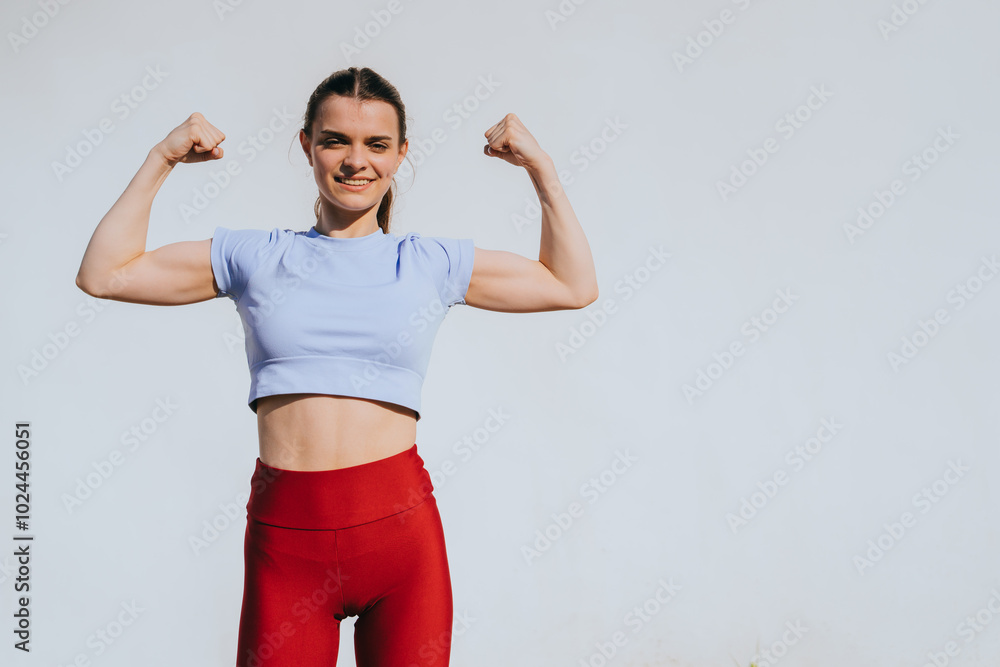 Confident woman in workout attire flexes her muscles against a clear sky, embodying strength and determination. Confident woman in workout attire flexes her muscles against a clear sky, embodying strength and determination.