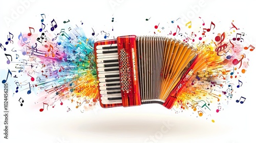 An accordion produces a radiant burst of colorful musical notes, encapsulating musical creativity and vibrancy, depicted through an expressive imaginative design.