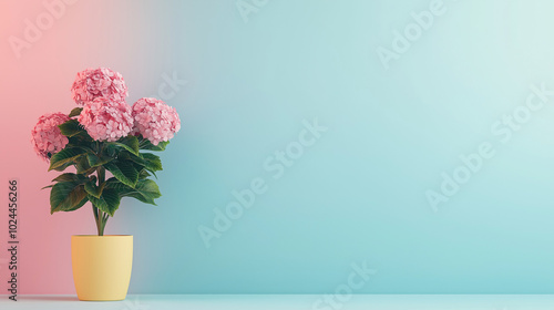 A colorful potted plant with pink flowers stands against a gentle gradient backdrop, representing tranquility and the essence of psychological health, copy space