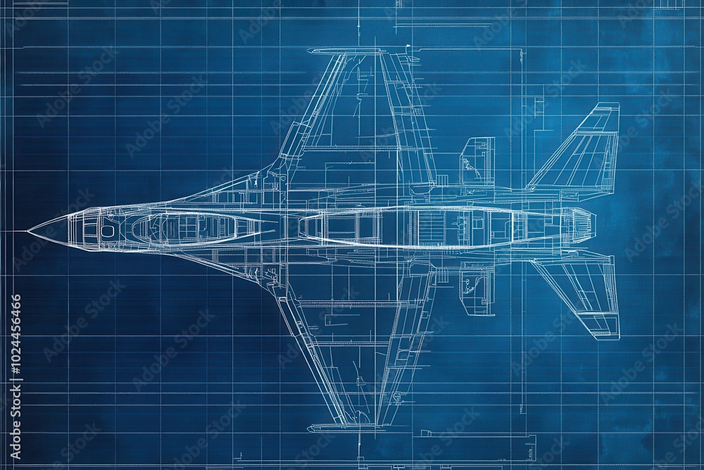A detailed aircraft blueprint displaying the top view of a jet fighter. The image includes various A detailed aircraft blueprint displaying the top view of a jet fighter. The image includes various