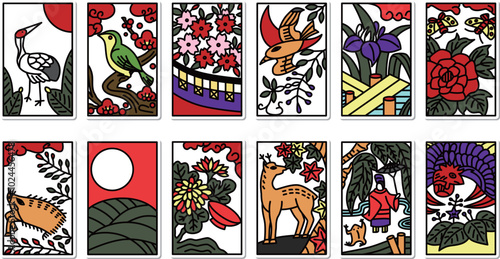 12種類のステッカーシンプル花札アイコンセット