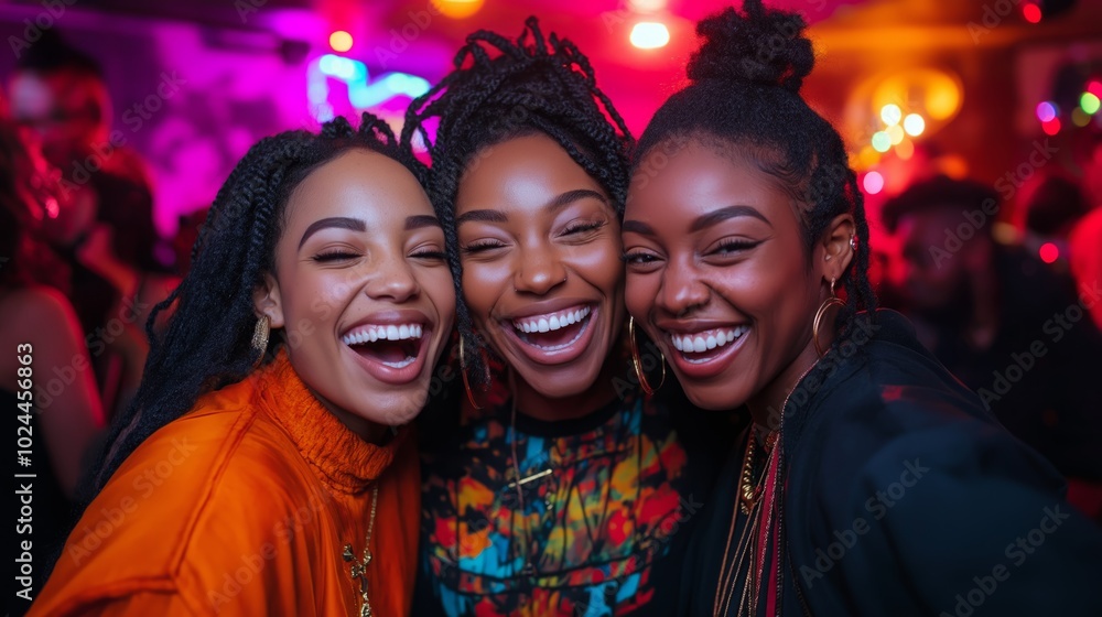 Three women laughing and enjoying night out at club, vibrant and joyful atmosphere for celebration and nightlife fun. Friendship, happiness, and carefree moments for social events and entertainment. Three women laughing and enjoying night out at club, vibrant and joyful atmosphere for celebration and nightlife fun. Friendship, happiness, and carefree moments for social events and entertainment.