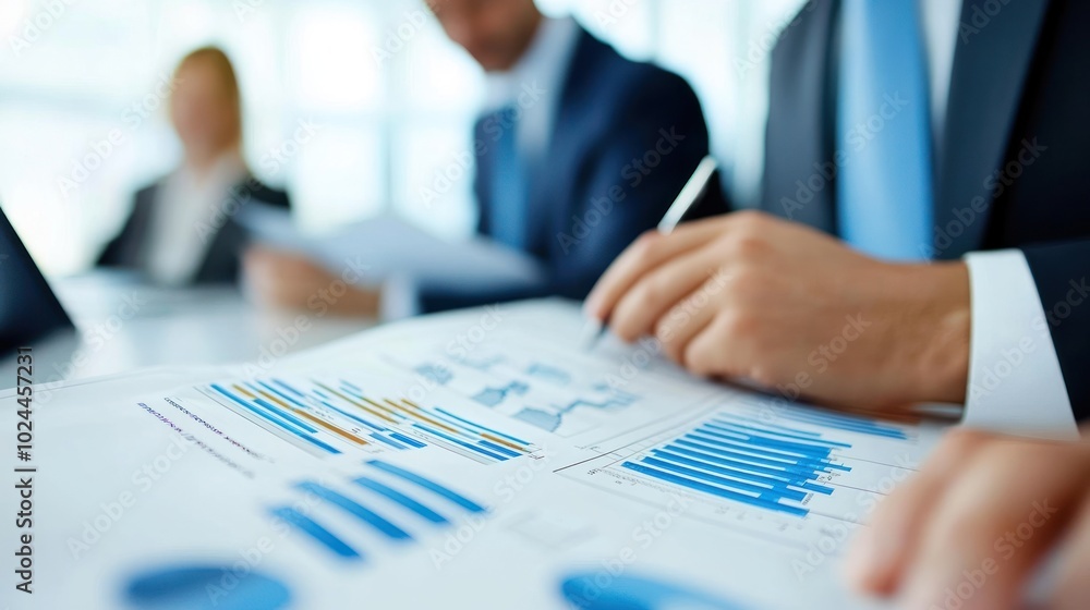 Business meeting with charts and graphs on a table, focusing on analysis and discussion. Business meeting with charts and graphs on a table, focusing on analysis and discussion.