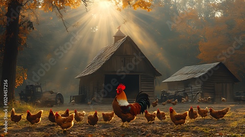 A rooster leads a flock of hens across a field in front of a rustic barn with sunlight streaming through trees in the background.