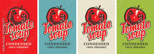 Labels for a condensed tomato soup in retro style. Set of vector labels or banners for organic tomato soup with the image of a cut half tomato and inscriptions