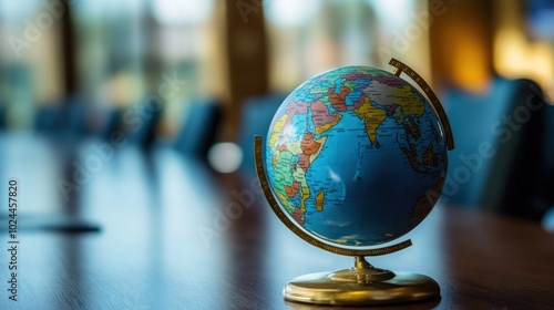 A blue globe sits on a wooden table in a conference room. photo