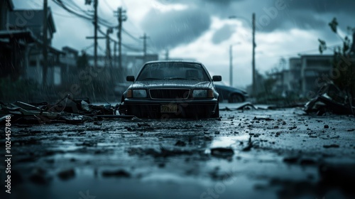 Abandoned car in a rain-soaked, post-storm urban landscape