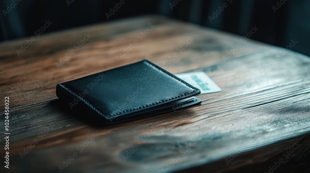 Elegant black wallet resting on a rustic wooden table Elegant black wallet resting on a rustic wooden table