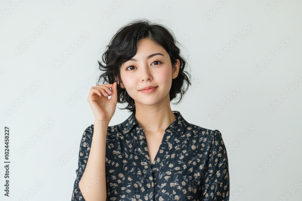 Smiling Woman with Short Wavy Black Hair in a Floral Blouse Smiling Woman with Short Wavy Black Hair in a Floral Blouse