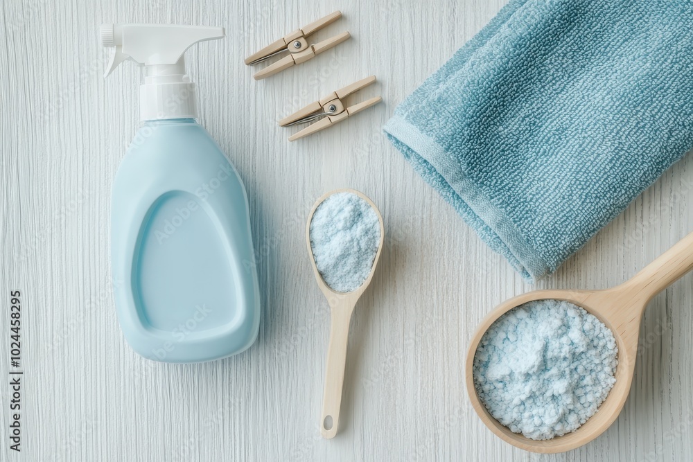 A flat-lay image of laundry essentials, including a bottle of liquid detergent in light blue A flat-lay image of laundry essentials, including a bottle of liquid detergent in light blue