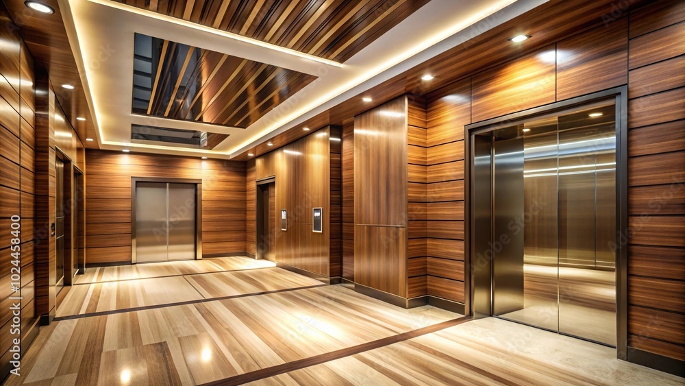 Luxurious elevator lobby with wooden walls and stylish flooring Luxurious elevator lobby with wooden walls and stylish flooring