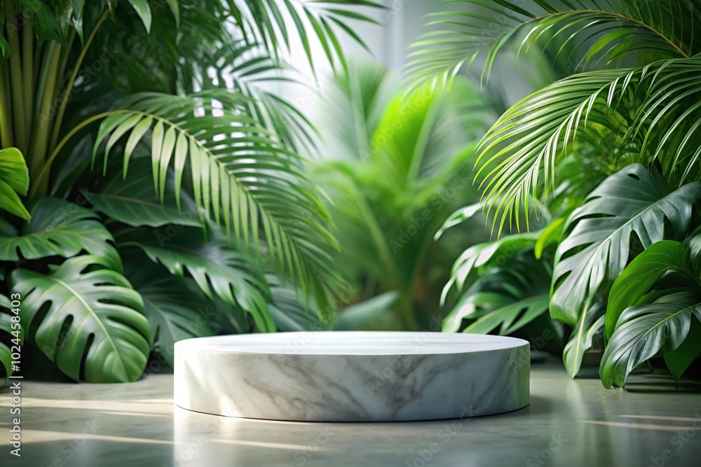 Obraz premium Luxurious empty marble podium for eco friendly cosmetics presentation with tropical greenery