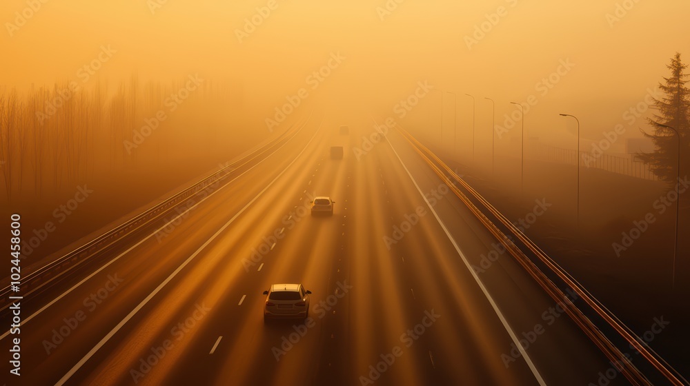 Misty highway at sunrise with glowing light effects Misty highway at sunrise with glowing light effects