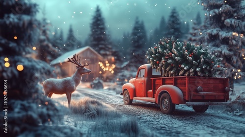 Red vintage truck carries Christmas tree in back along snowy road to decorated cottage. Reindeer stands nearby. Retro Xmas wallpaper, banner. Traditional winter holiday scene, magical vibes