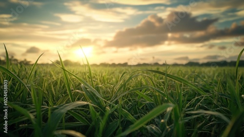 A field of green grass with a sun setting in the distance