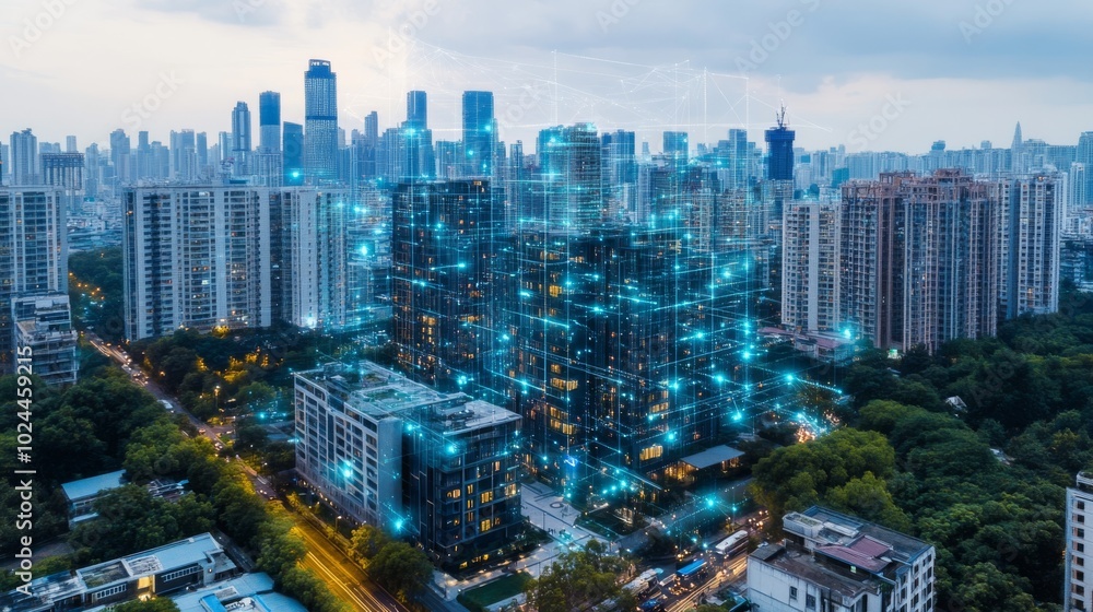 Obraz premium A vibrant city skyline featuring modern buildings, illuminated by blue lights, set against a cloudy sky.