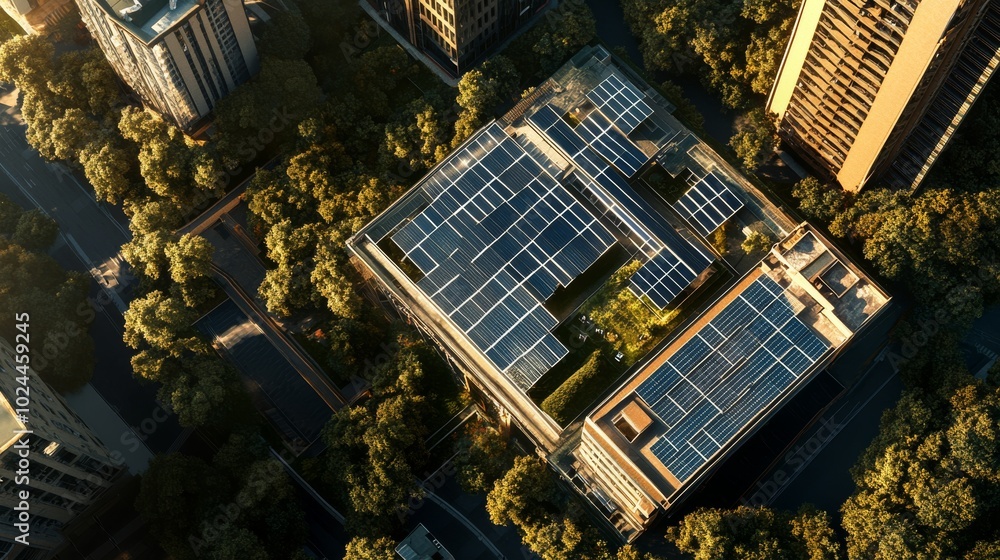 Fototapeta premium Aerial view of a modern building with solar panels, surrounded by trees in an urban environment, highlighting sustainability and architectural design.