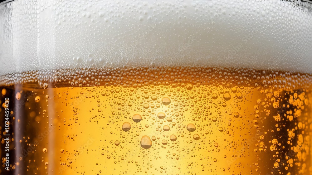 Golden beer with foam in a cold glass, a refreshing drink.